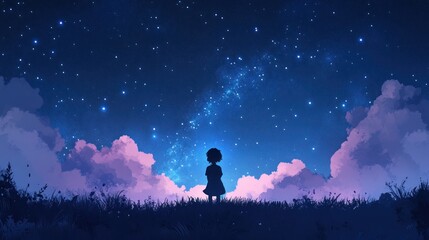 Fototapeta premium A silhouette of a child gazing at a starry night sky.