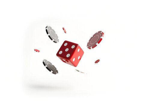 Banner for an online casino with white dice and red chips on a dark background. Dynamic casino scene featuring flying dice and chips for exciting roulette and poker games.