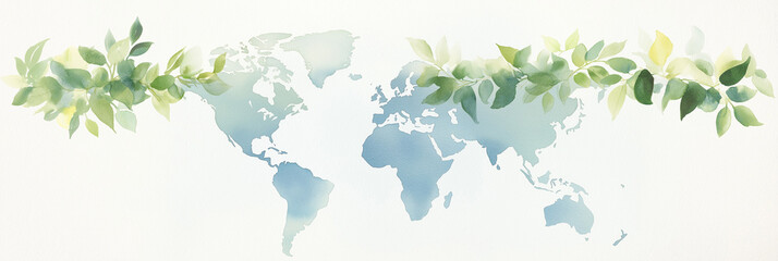 Watercolor depiction of the Earth map, embellished with lush green leaves. The image brings forth a harmonious blend of nature and the world, symbolizing eco-friendliness.