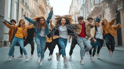 A vibrant group of diverse young dancers celebrate joyfully in the street, showcasing energetic...