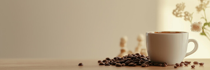 A steaming white coffee cup beside scattered coffee beans, set on a wooden table with soft morning lighting and blurred flowers in the background, creating a cozy ambiance.
