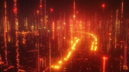 Fototapeta premium Abstract digital landscape with glowing lines and structures.