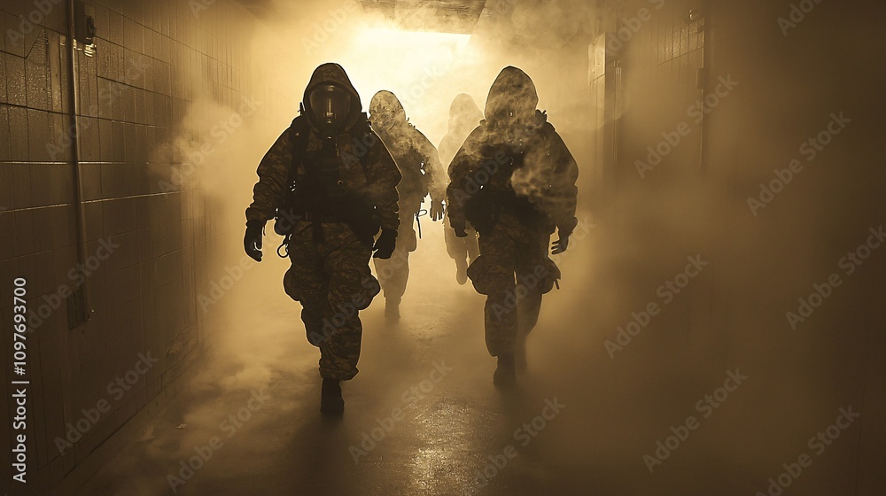 Poster workplace emergency drill showing employees using escape hoods to safely exit through a smoky corrid