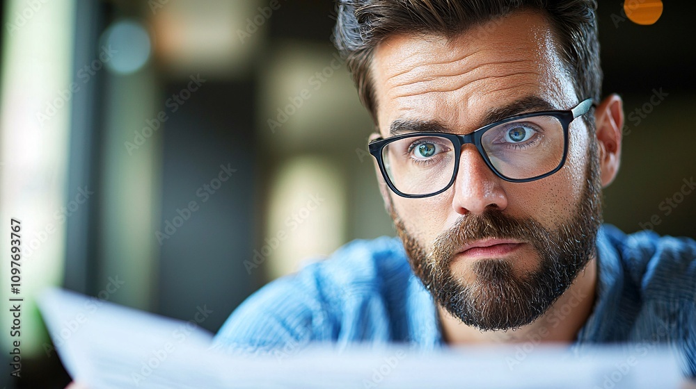 Poster office worker reviewing insurance claim forms after a workplace accident with a concerned expression