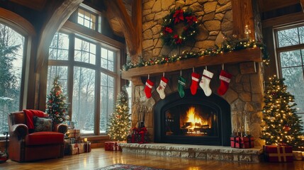 Obraz premium A large stone fireplace framed by arched windows and traditional holiday decorations, including stockings and a garland