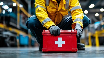 Fototapeta premium Safety coordinator checking a workplace first aid kit to ensure readiness for any emergency situation Stock Photo with side copy space
