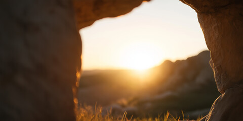 A breathtaking golden sunrise captured from within a rocky cave, illuminating the horizon and casting warm light over a tranquil landscape and awakening scene.