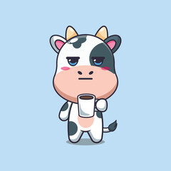Cute cow is tired and sleepy holding coffee cartoon vector illustration