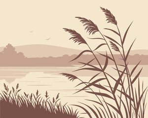 Silhouette of palm trees on a tropical beach during sunset with green leaves and wheat grass in a peaceful summer setting