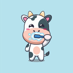 Cute cow brushing teeth cartoon vector illustration