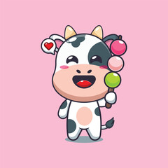 Cute cow eating dango cartoon vector illustration