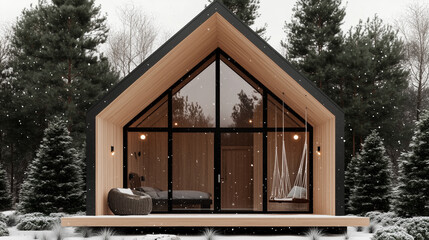 A cozy cabin captured in a tranquil snowy landscape setting.