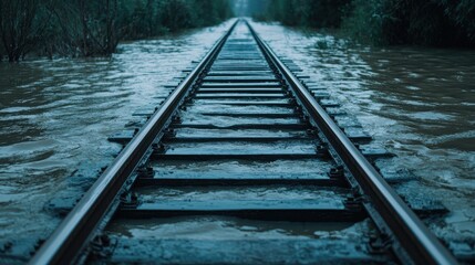 Obraz premium Flooded train tracks disappearing into water nature landscape serenity