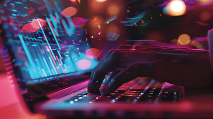 A person hands typing on a laptop with futuristic holographic financial data floating above the screen

