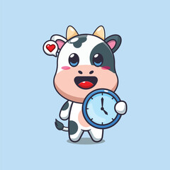 Cute cow with clock cartoon vector illustration