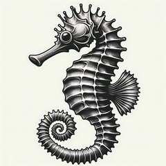 Detailed illustration of a seahorse, showcasing intricate details of its bony structure and fin design, presented in grayscale.