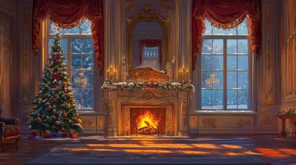 A warm holiday scene with a roaring fire, intricate mantel decor, and a Christmas tree reflected in elegant window architecture