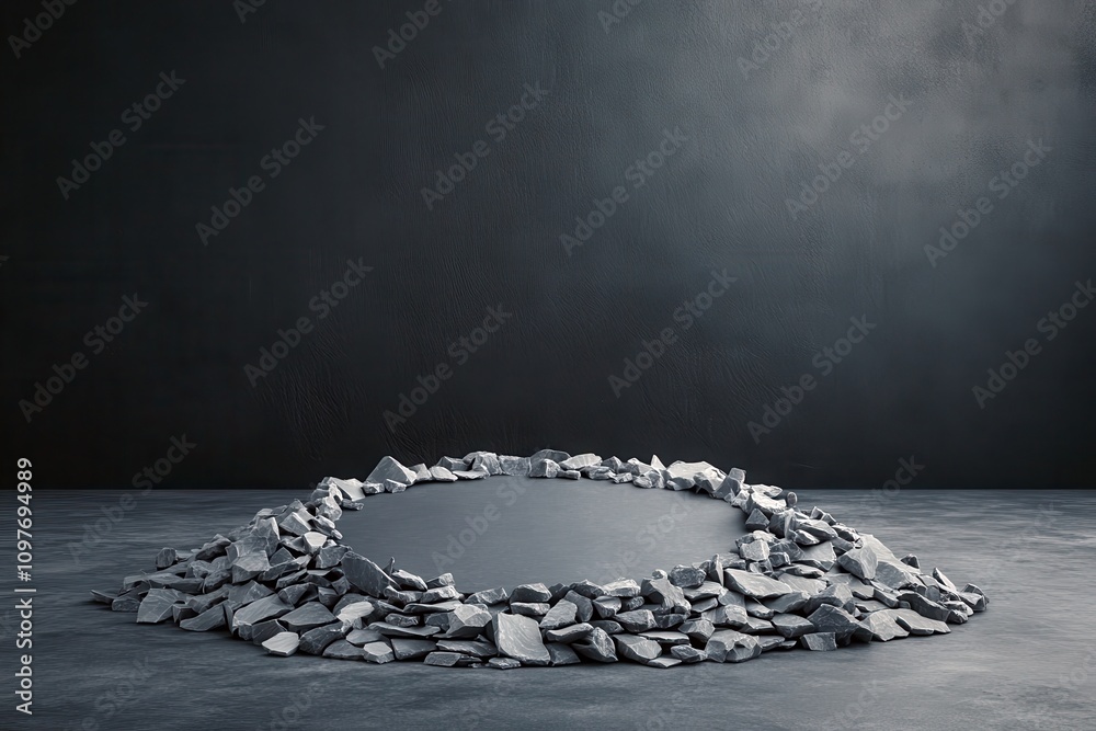 Poster a minimalist scene featuring an oval arrangement of stones surrounding a smooth, dark surface agains