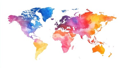 A vibrant watercolor world map showcasing colorful continents in hues of blue, pink, orange, and yellow.