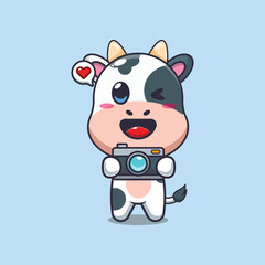 Cute cow with camera cartoon vector illustration