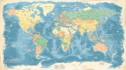 Tableau sur toile Carte du monde Colorful vintage world map showcasing countries, oceans, and major cities.  © Nathan