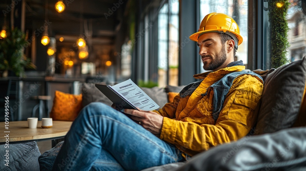 Poster Laborer reading an insurance policy document while seated in a workplace break area Stock Photo with side copy space