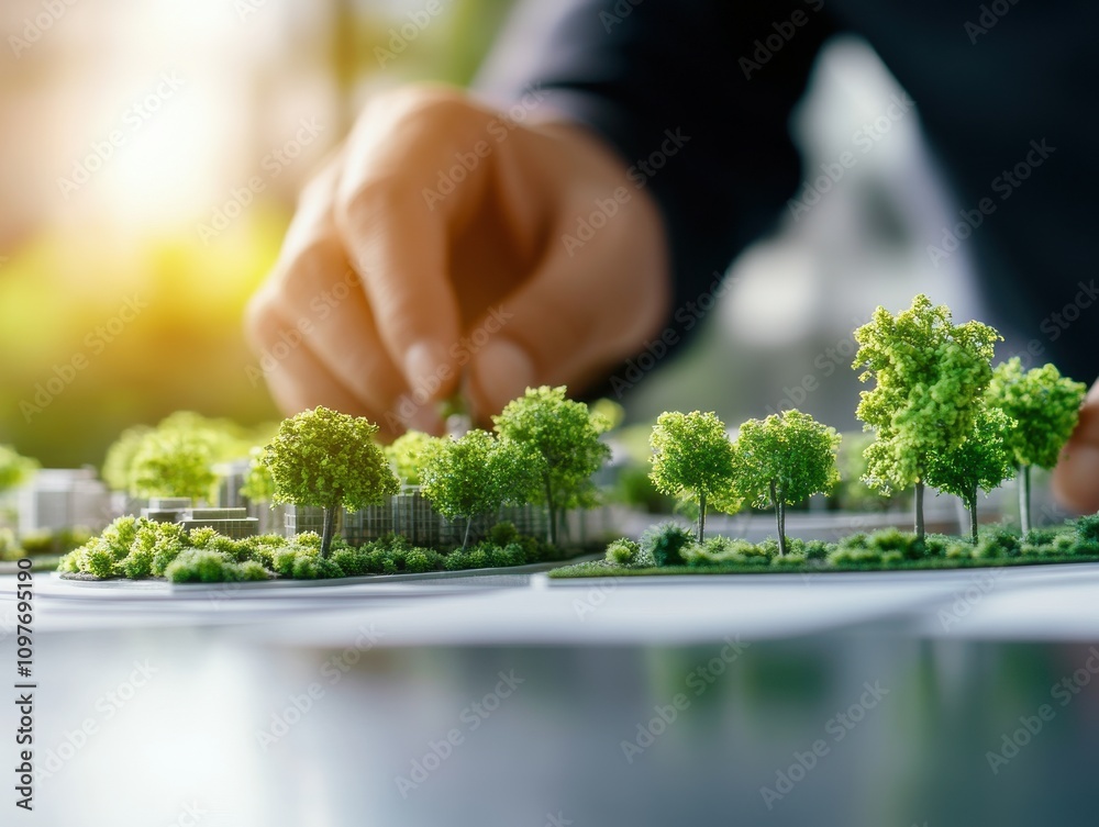Poster a hand carefully arranges miniature trees on a model landscape, showcasing attention to detail in en