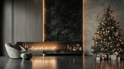 Elegant Christmas decorations on a modern fireplace, surrounded by festive architecture and a sparkling tree