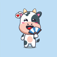 Cute cow with hand fan cartoon vector illustration