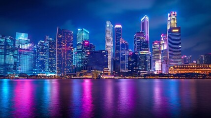 Obraz premium Futuristic city skyline at night with towering skyscrapers and buildings illuminated by a mesmerizing display of vibrant neon lights reflected in the water below