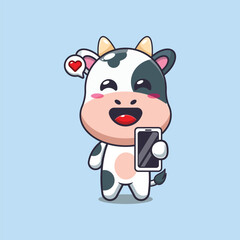 Cute cow with mobile phone cartoon vector illustration