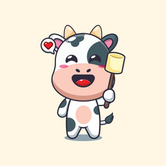 Cute cow eating marshmallow cartoon vector illustration