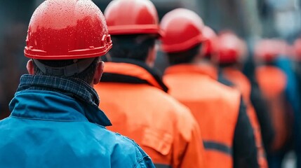 Group of laborers watching a safety video on accident prevention and insurance support Stock Photo with side copy space