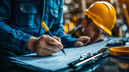 Obraz premium Safety officer inspecting a factory floor with a checklist ensuring laborer safety and compliance Stock Photo with side copy space