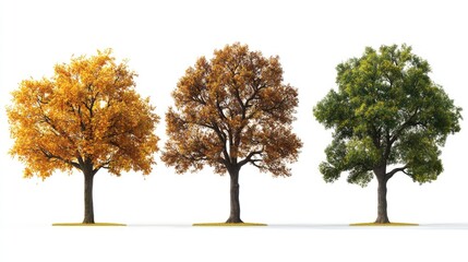 Naklejka premium Three trees displayed in autumn, including vibrant orange, golden leaves, and a rich green tree, showcasing seasonal changes.