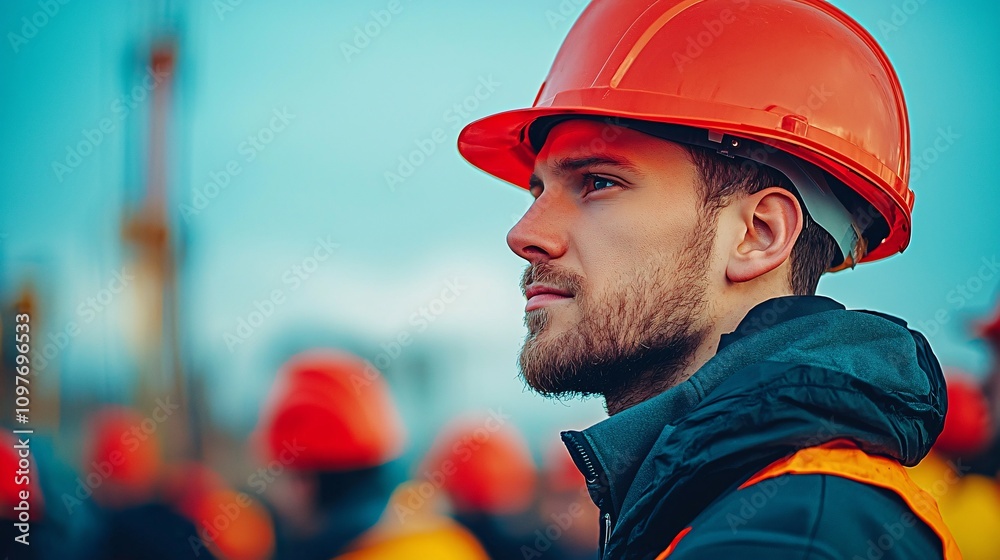 Poster workers wearing hard hats engaging in a team discussion about workplace insurance and security stock