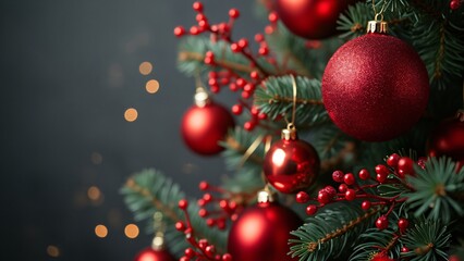 Close-up Red Christmas Ornaments Evergreen Tree