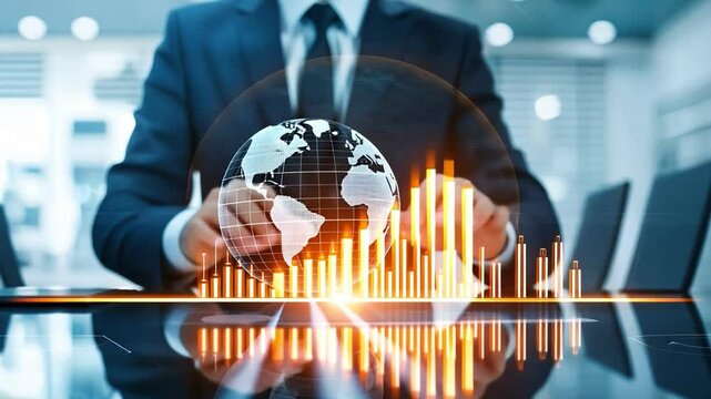 A businessman interacts with a digital globe and financial data, symbolizing global connectivity and technological progress.