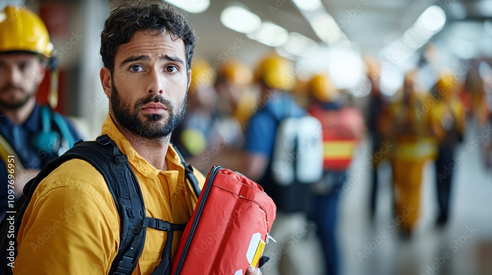 Poster group of laborers learning emergency evacuation routes during a workplace safety drill stock photo w