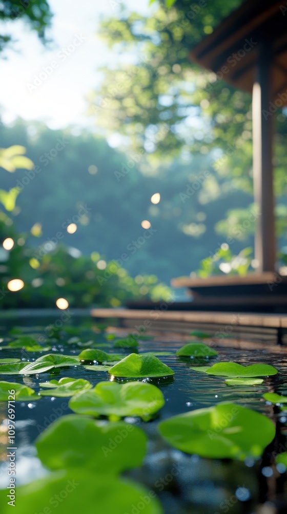 Poster A tranquil scene featuring lily pads floating on calm water, surrounded by lush greenery and a rustic wooden structure in a serene natural setting.