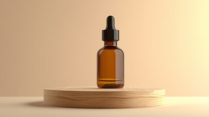 Fototapeta premium Amber Glass Dropper Bottle on Wooden Podium Minimal Product Display