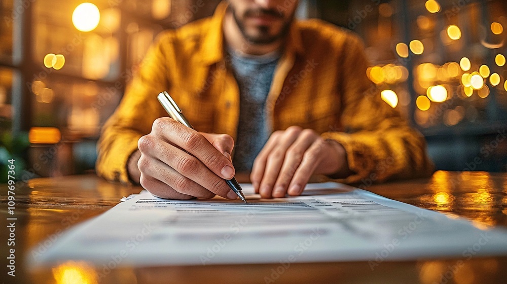 Poster worker sitting at a desk filling out an insurance claim form with detailed documents spread around s