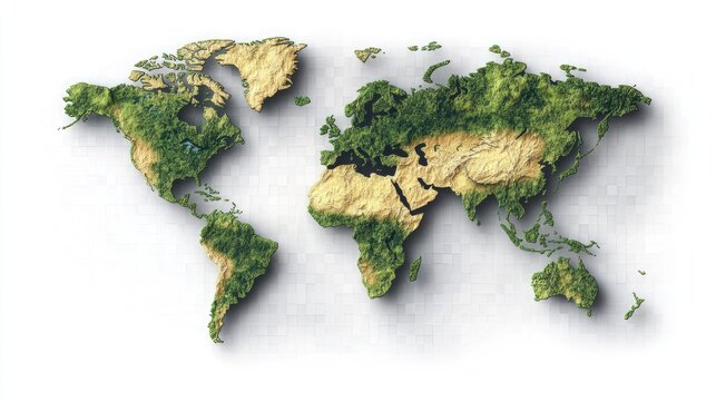 A textured world map highlighting greenery, symbolizing nature and environmental awareness. - Powered by Adobe