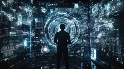 A male figure in a suit stands before a futuristic digital interface, exploring complex data displays in a high-tech environment.