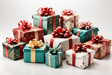 A collection of wrapped Christmas presents with bows. isolated on a white background