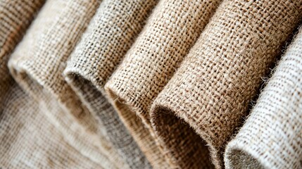Close-Up View of Natural Textured Burlap Fabrics Displayed Together, Showcasing Various Shades of Brown and Tan for Rustic and Eco-Friendly Design Projects