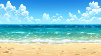 Fototapeta premium Tranquil and Picturesque Beachscape with Turquoise Ocean Waves Crashing onto Golden Sandy Shores under a Bright Sunny Sky with Fluffy White Clouds
