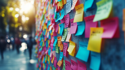 Sticky Note Post It Board Office. Business people meeting at office and use post it notes to share idea. Brainstorming concept. Sticky note on glass wall or blackboard. Set of colorful blank notes.