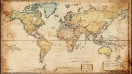 Fototapeta na wymiar An antique world map showcasing rich historical details and geographic features.