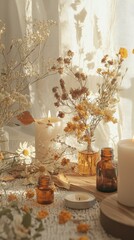 Serene Autumn Still Life with Dried Flowers, Candles, and Natural Elements Capturing Warmth and Tranquility in Cozy Indoor Setting